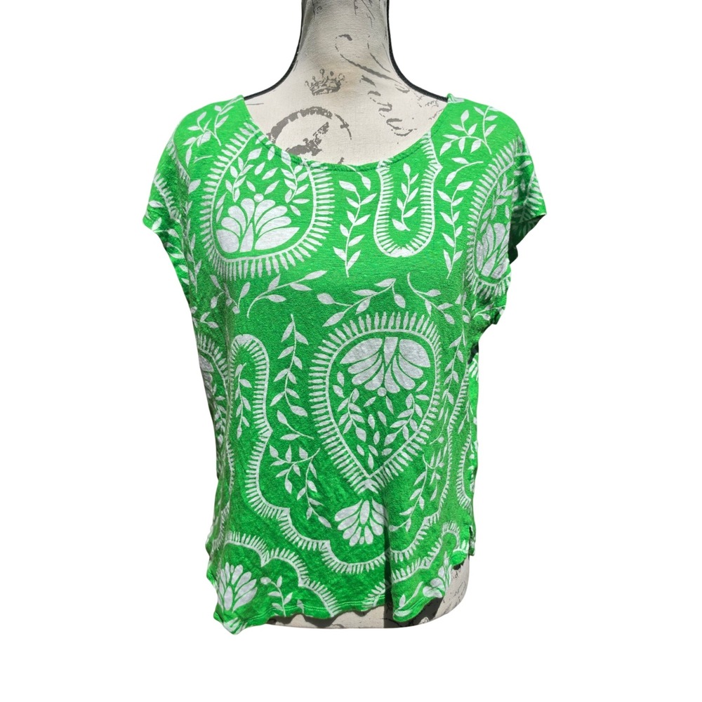 Joie Womens Green White Paisley Floral 100% Linen Short Sleeve Blouse Top XL